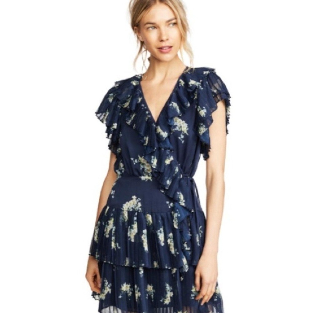 Stevie‎ May Midnight Blooms Wrap Midi Dress Navy Floral Pleated Ruffles Size M